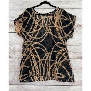 Show Me‎ Your Mumu V-Neck Semi Sheer Gold Chain Print Blouse Women's M Black NEW